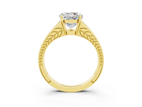 Yellow gold Round Cut Moissanite Split Shank Ring with Pavé Band and Four-Prong Setting