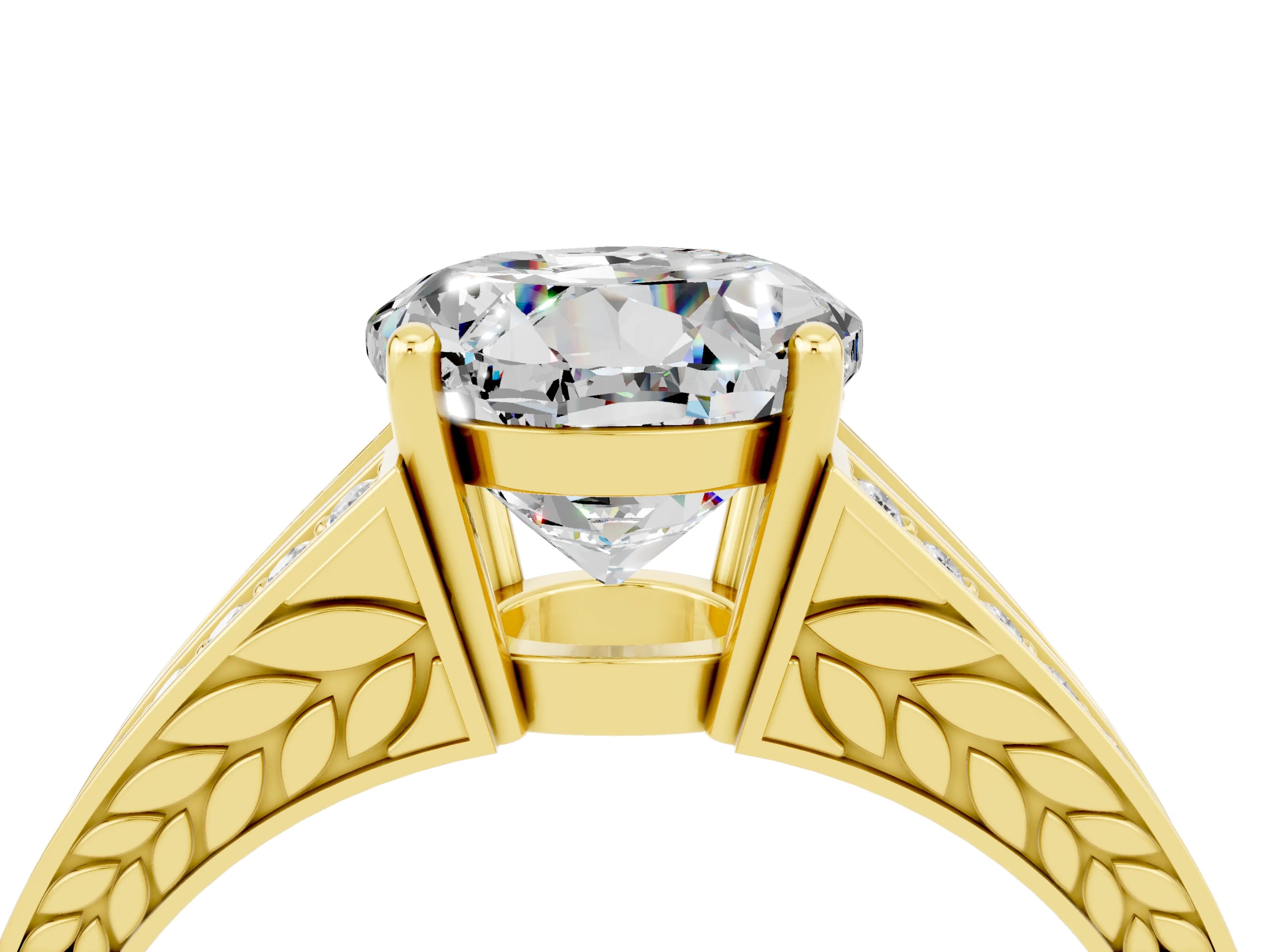 Yellow gold Round Cut Moissanite Split Shank Ring with Pavé Band and Four-Prong Setting_4