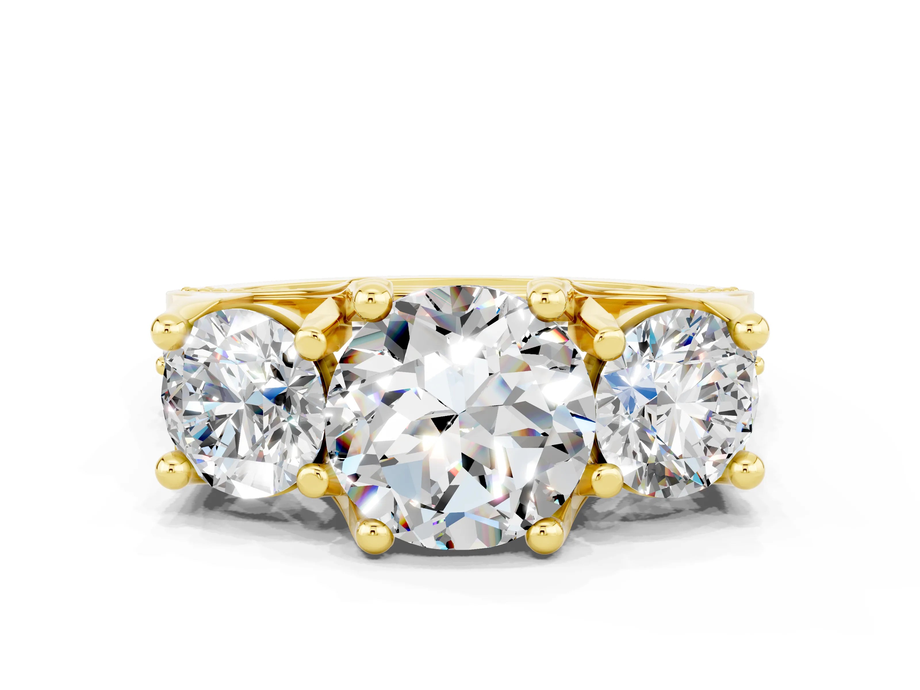 Yellow gold Round Cut Moissanite Three-Stone Ring with Channel Set Band and Four-Prong Setting