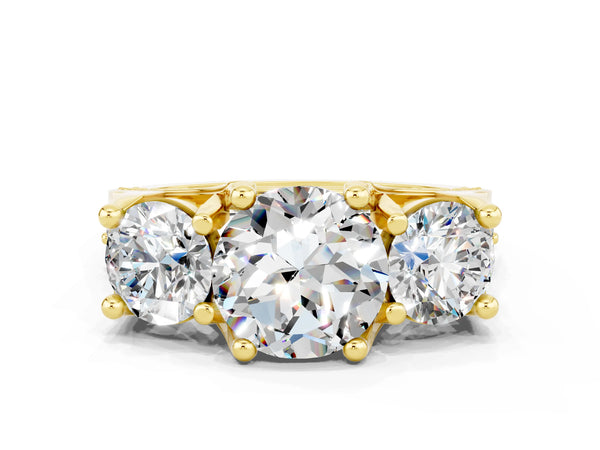 Yellow gold Round Cut Moissanite Three-Stone Ring with Channel Set Band and Four-Prong Setting