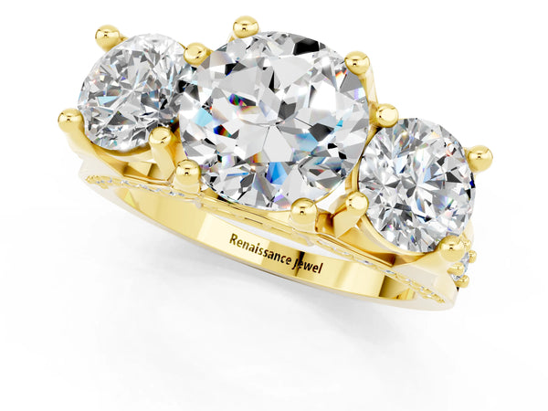 Yellow gold Round Cut Moissanite Three-Stone Ring with Channel Set Band and Four-Prong Setting