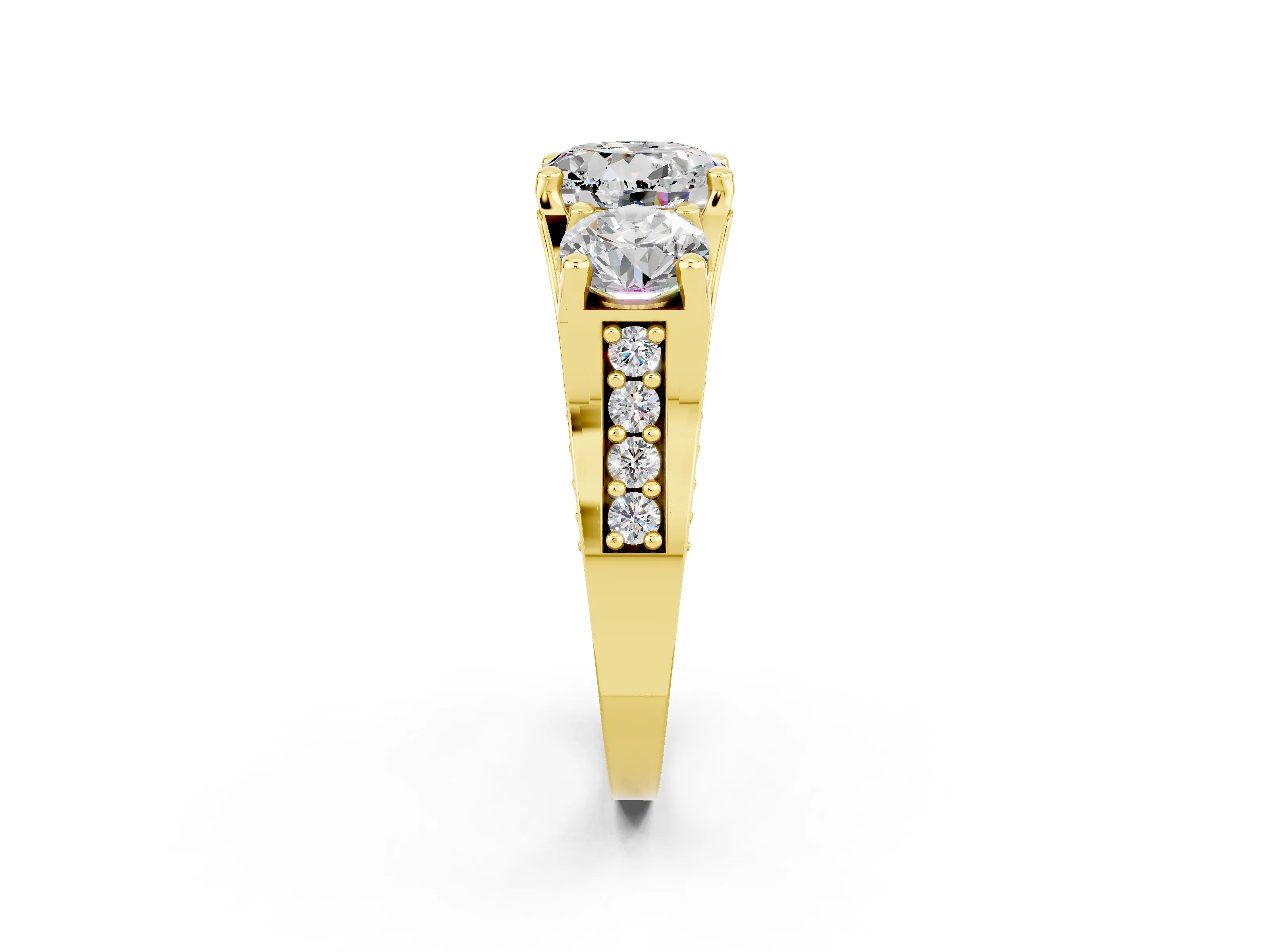 Yellow gold Round Cut Moissanite Three-Stone Ring with Channel Set Band and Four-Prong Setting_2