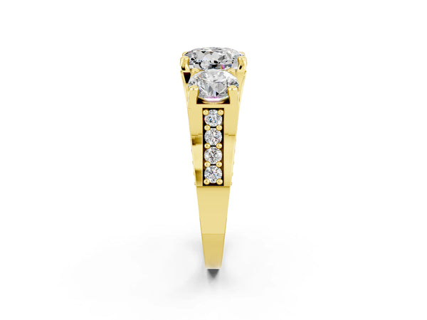 Yellow gold Round Cut Moissanite Three-Stone Ring with Channel Set Band and Four-Prong Setting