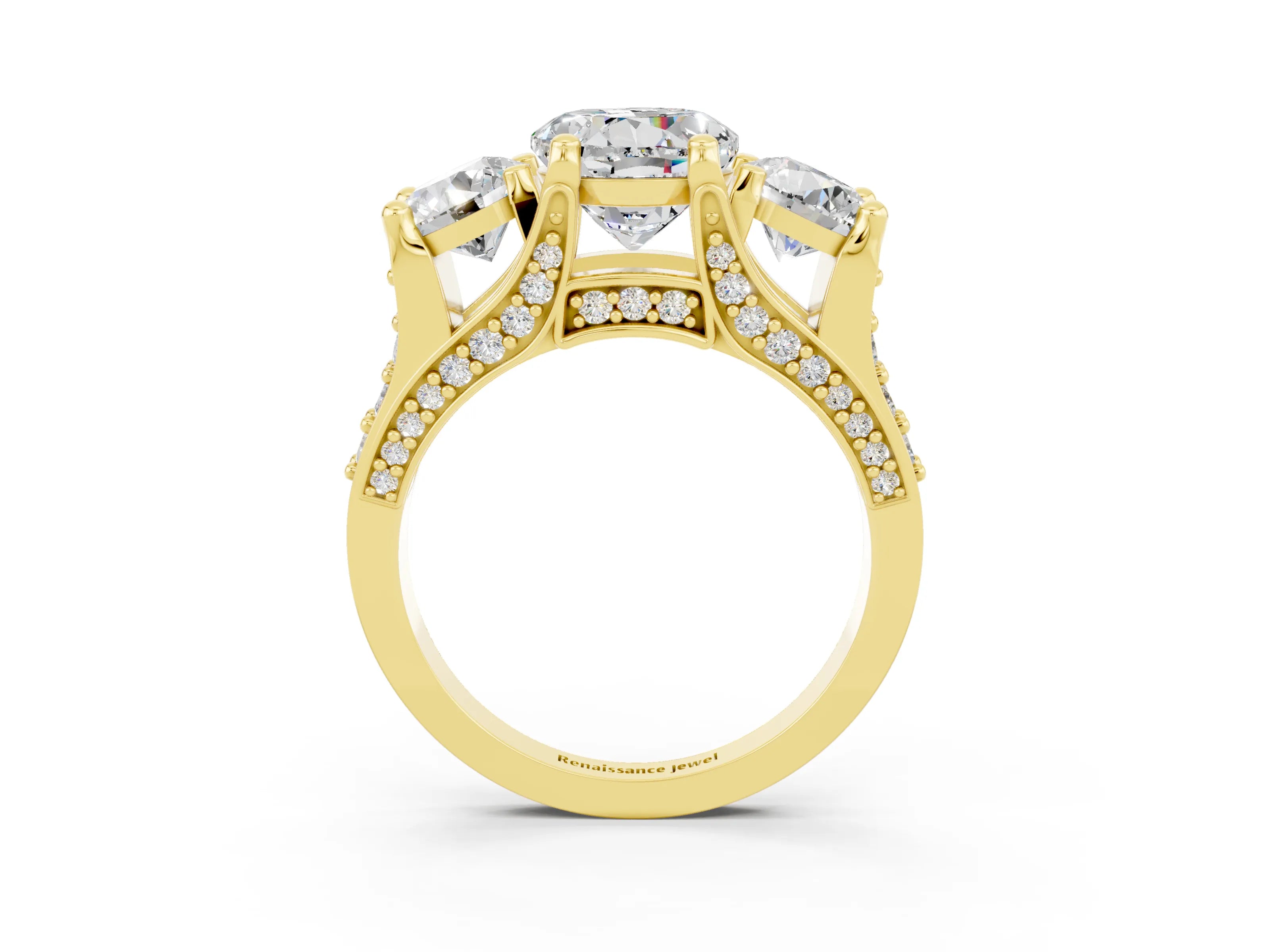Yellow gold Round Cut Moissanite Three-Stone Ring with Channel Set Band and Four-Prong Setting_3