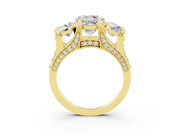 Yellow gold Round Cut Moissanite Three-Stone Ring with Channel Set Band and Four-Prong Setting