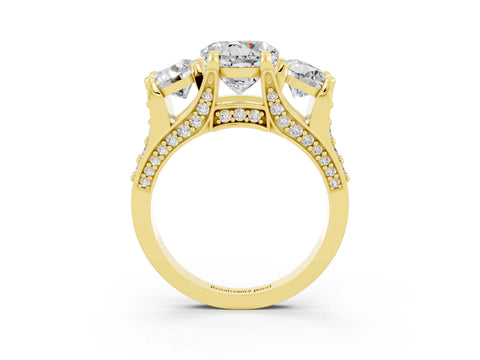 Yellow gold Round Cut Moissanite Three-Stone Ring with Channel Set Band and Four-Prong Setting_3