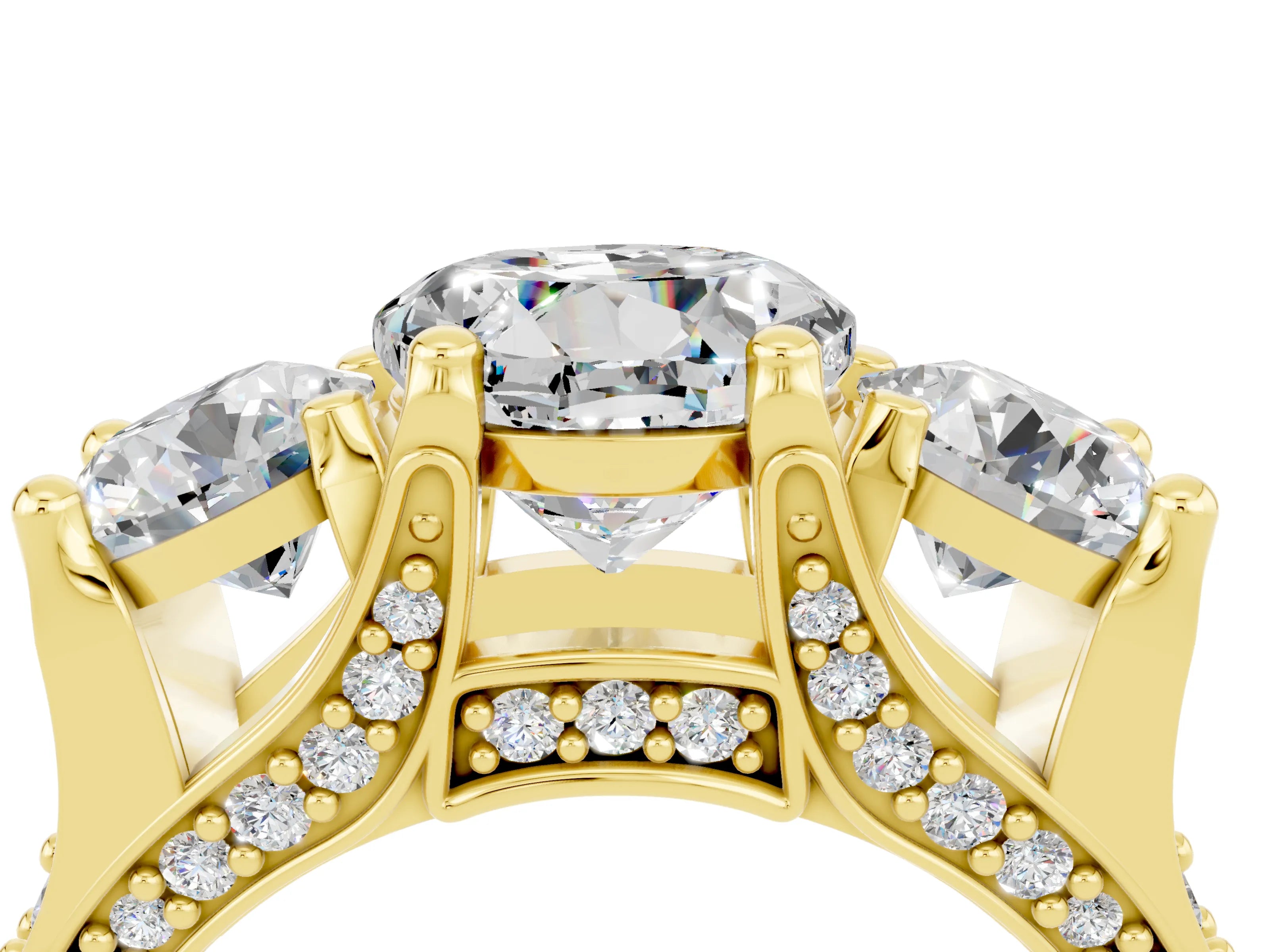 Yellow gold Round Cut Moissanite Three-Stone Ring with Channel Set Band and Four-Prong Setting_4