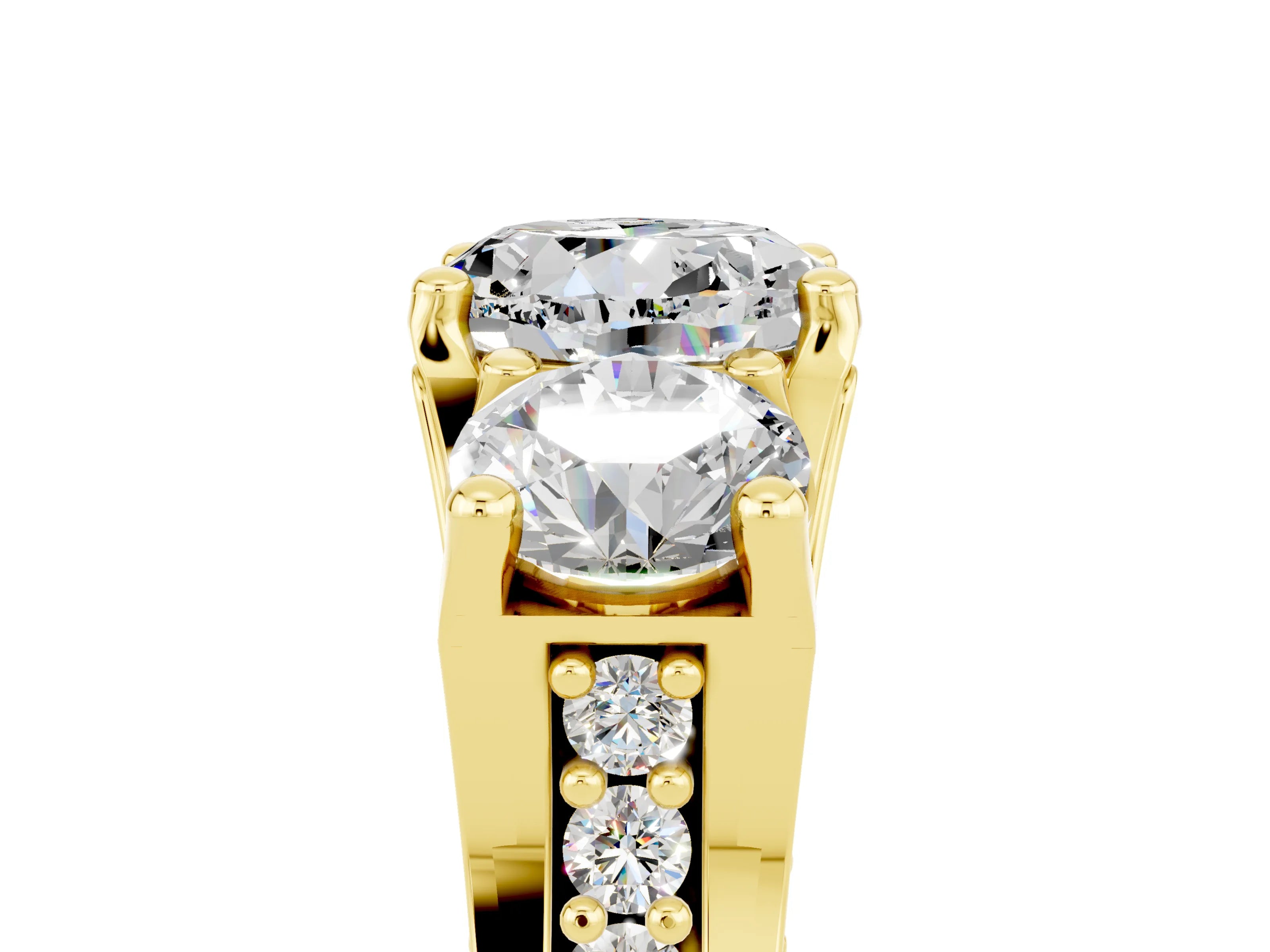 Yellow gold Round Cut Moissanite Three-Stone Ring with Channel Set Band and Four-Prong Setting_5