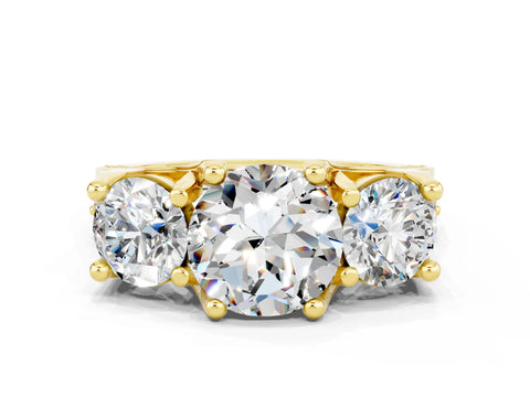 Yellow gold Round Cut Moissanite Three-Stone Ring with Channel Set Band and Four-Prong Setting