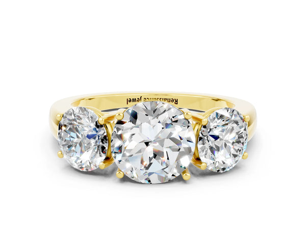 Yellow gold Round Cut Moissanite Three-Stone Ring with Four-Prong Setting and Classic Band