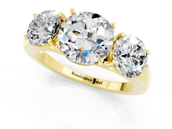 Yellow gold Round Cut Moissanite Three-Stone Ring with Four-Prong Setting and Classic Band