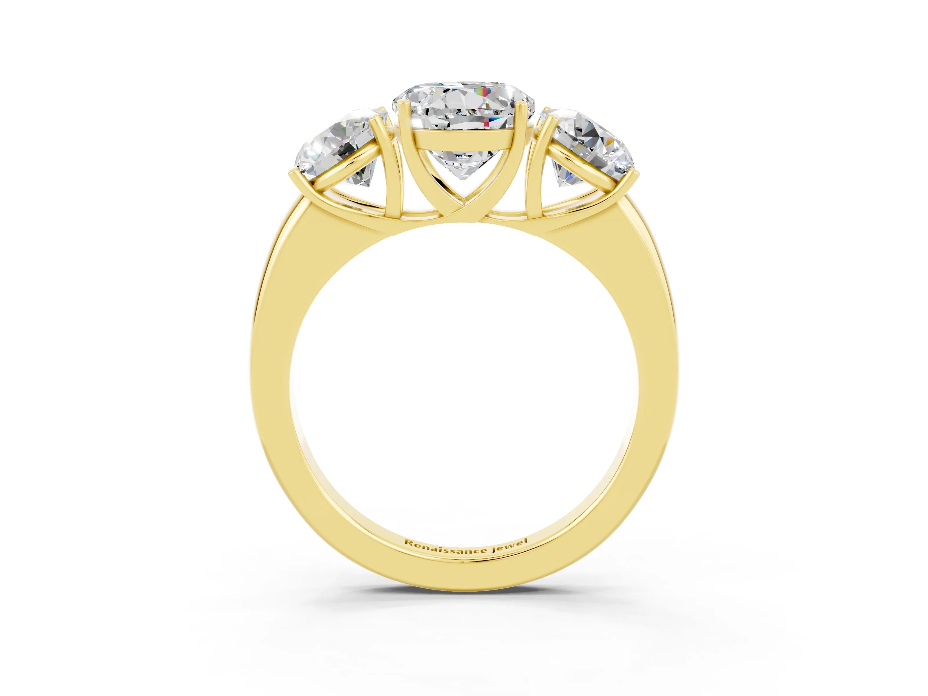 Yellow gold Round Cut Moissanite Three-Stone Ring with Four-Prong Setting and Classic Band_3