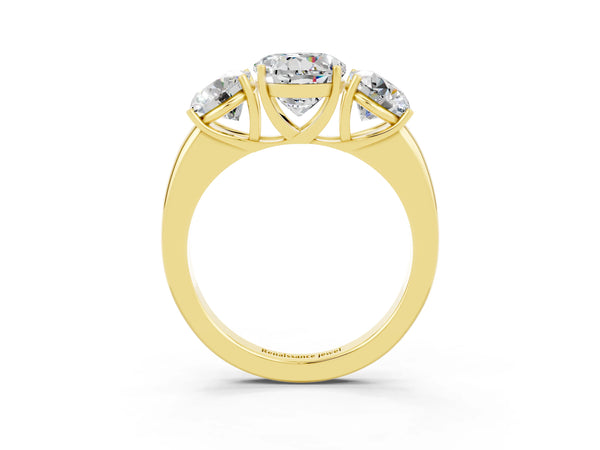 Yellow gold Round Cut Moissanite Three-Stone Ring with Four-Prong Setting and Classic Band