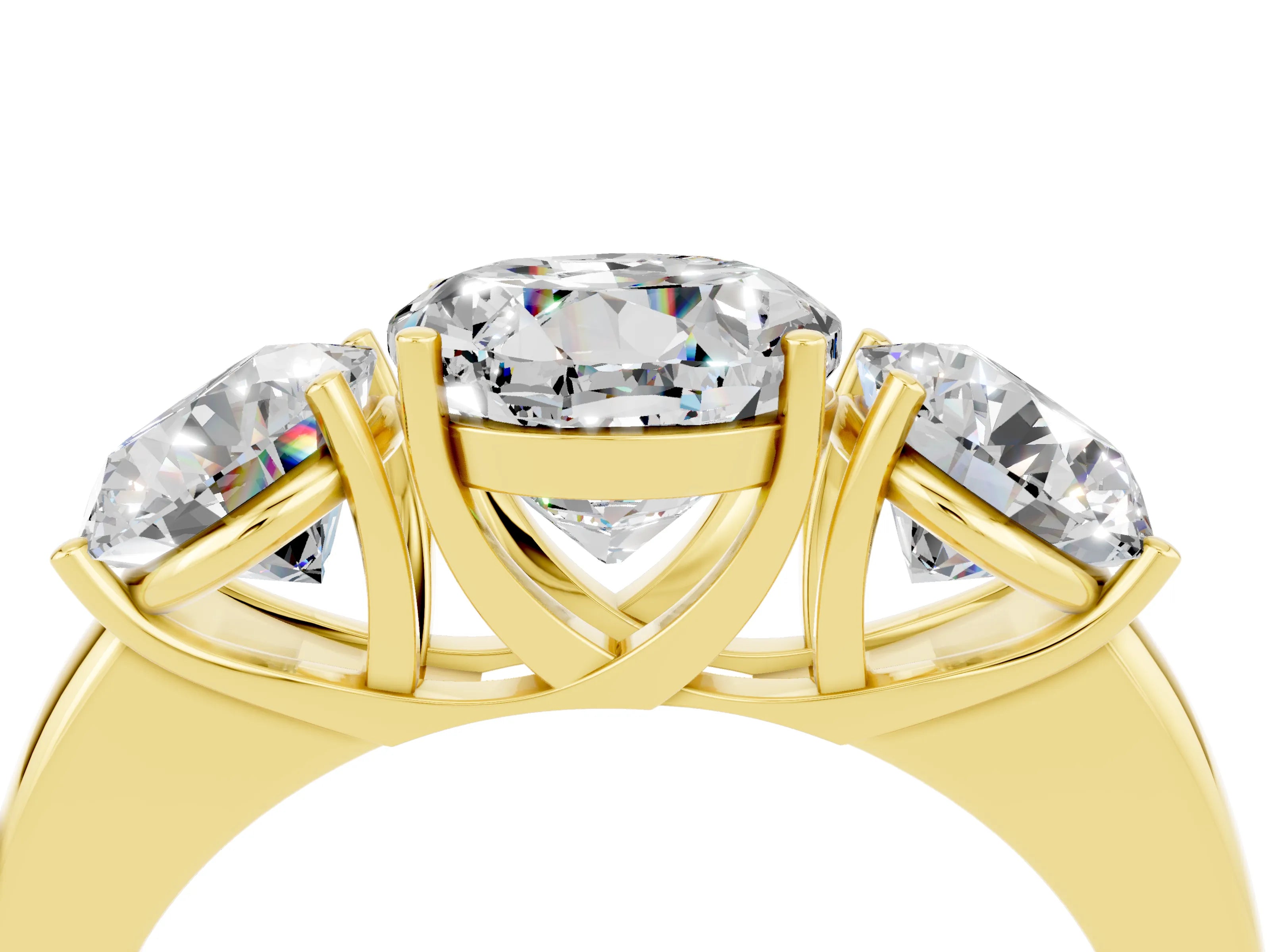 Yellow gold Round Cut Moissanite Three-Stone Ring with Four-Prong Setting and Classic Band_4
