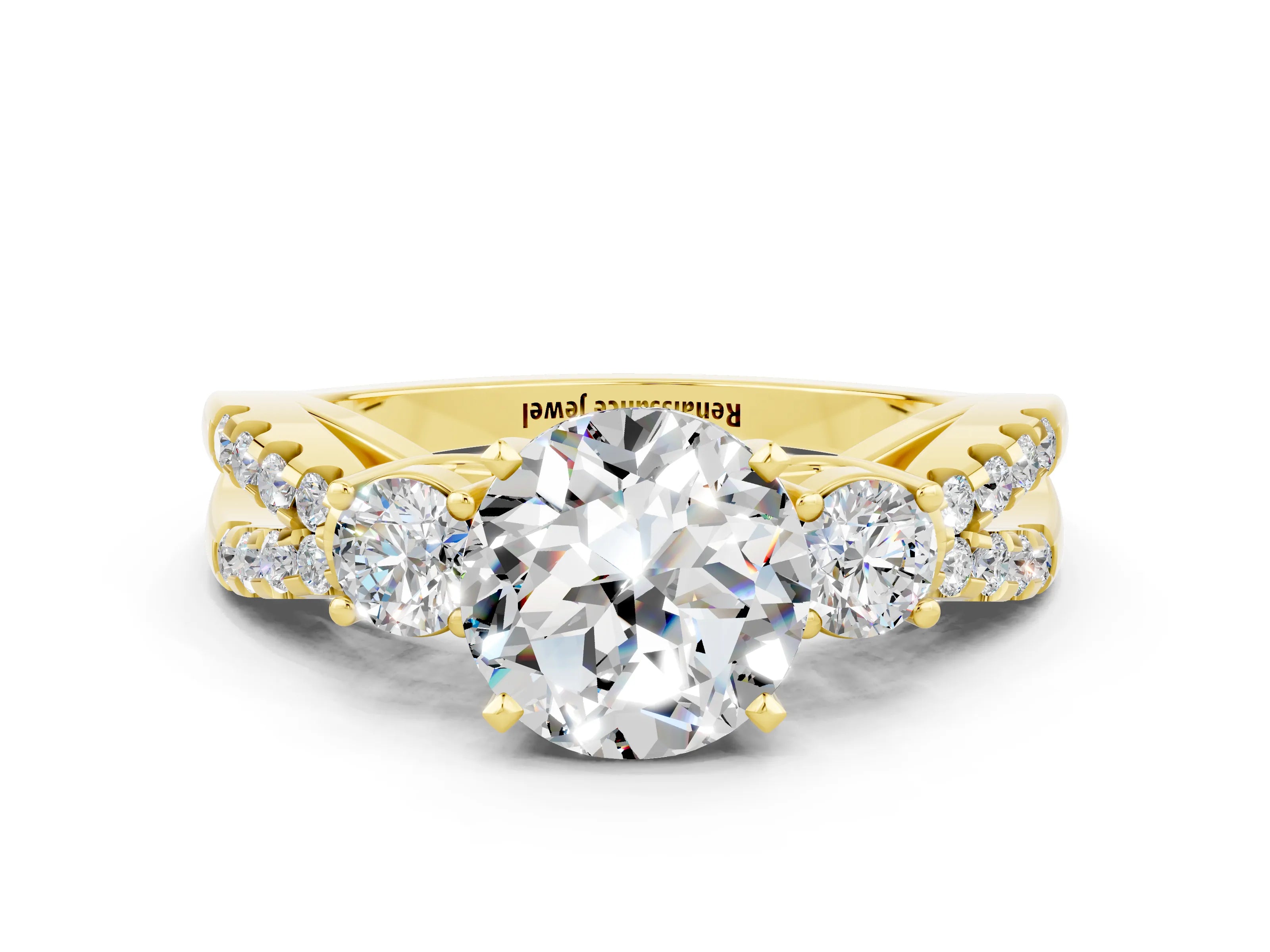 Yellow gold Round Cut Moissanite Three-Stone Ring with Pavé Split Shank and Four-Prong Setting
