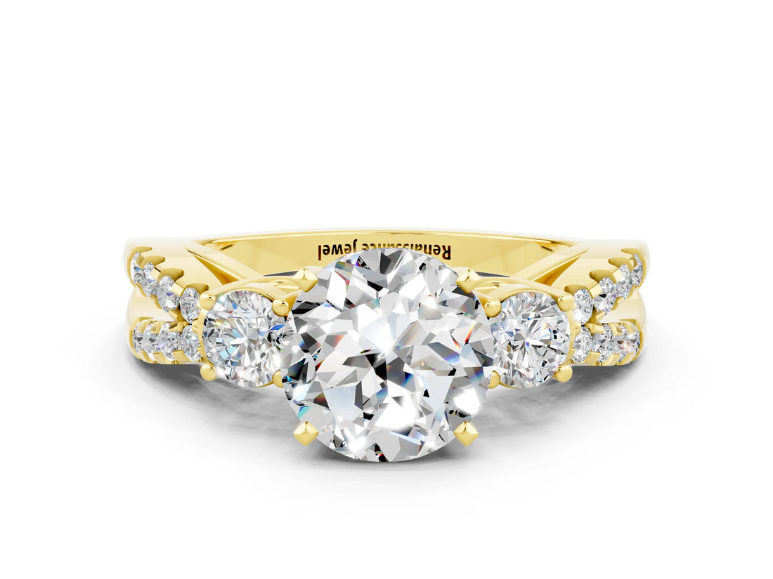 Yellow gold Round Cut Moissanite Three-Stone Ring with Pavé Split Shank and Four-Prong Setting