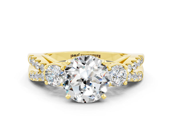 Yellow gold Round Cut Moissanite Three-Stone Ring with Pavé Split Shank and Four-Prong Setting