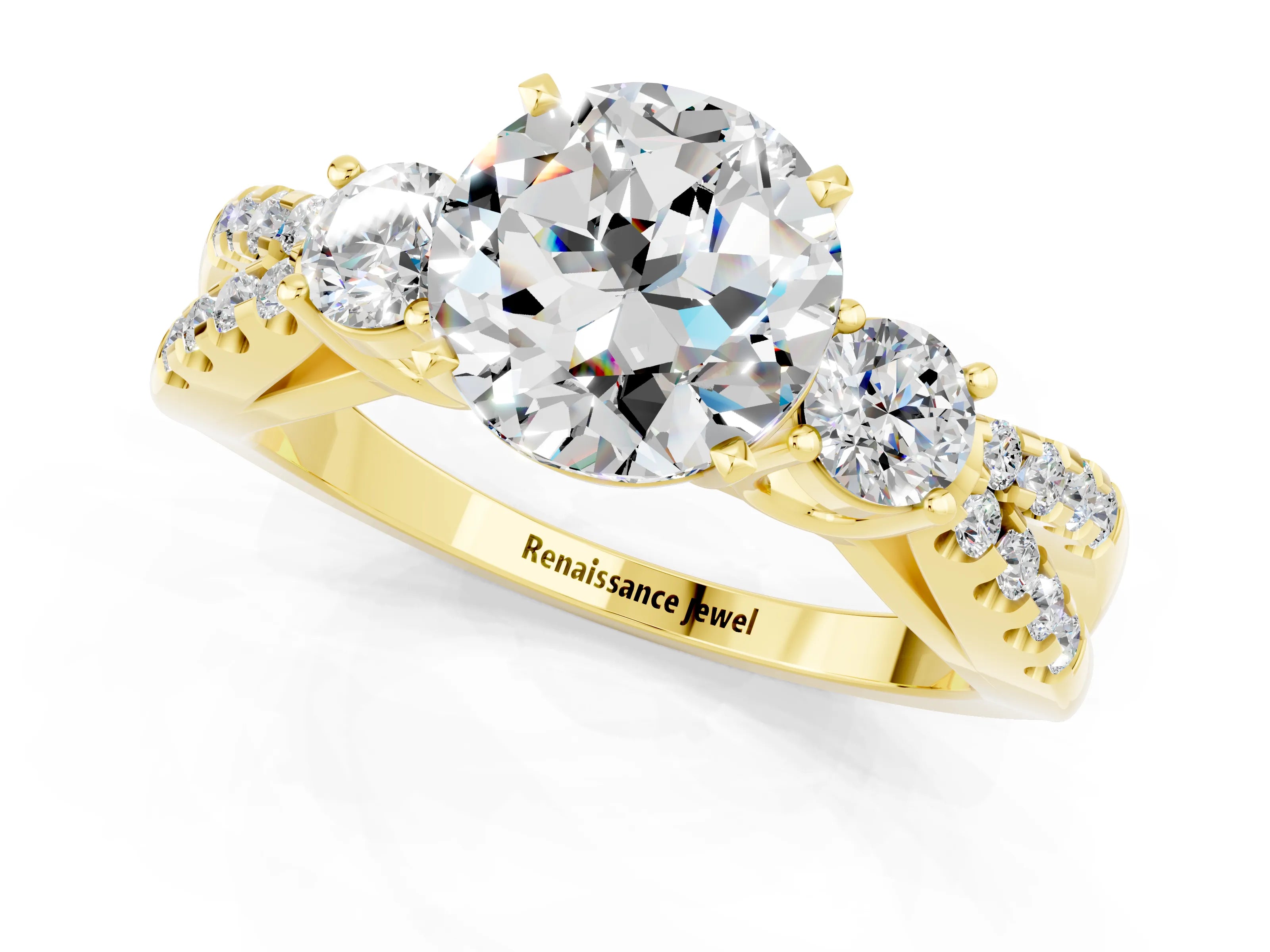 Yellow gold Round Cut Moissanite Three-Stone Ring with Pavé Split Shank and Four-Prong Setting_1