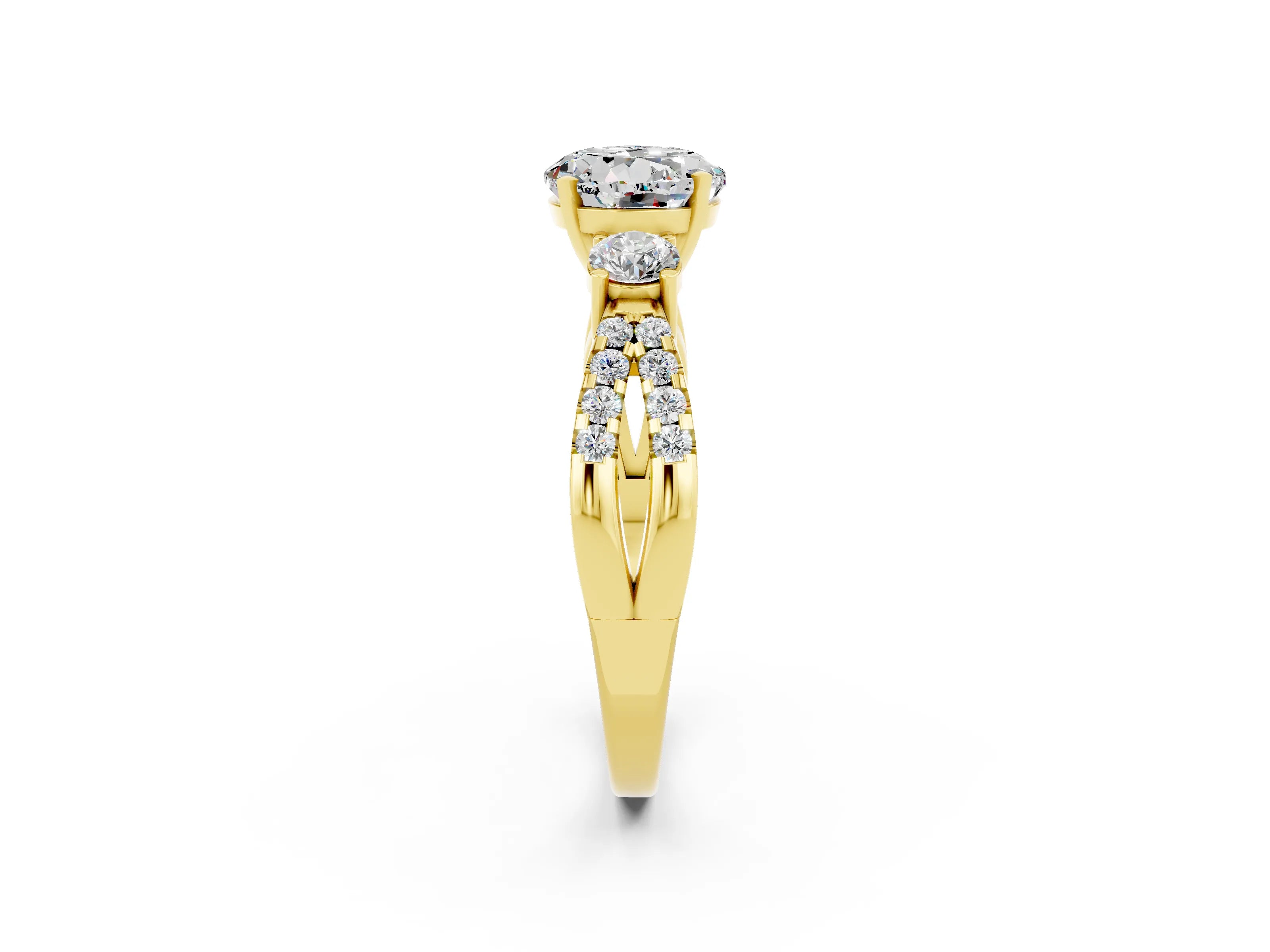 Yellow gold Round Cut Moissanite Three-Stone Ring with Pavé Split Shank and Four-Prong Setting_2