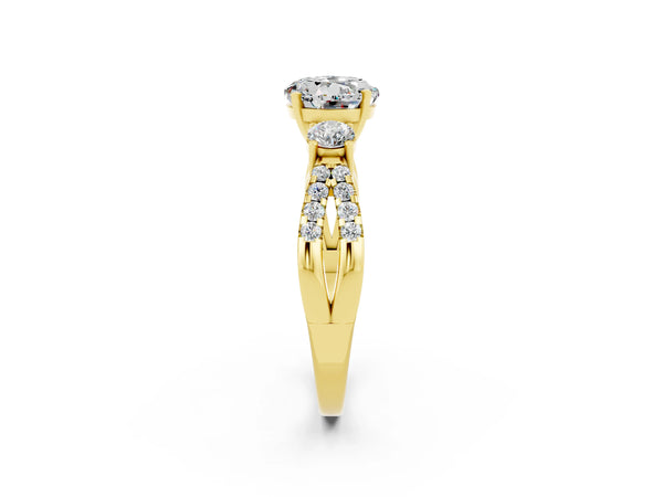 Yellow gold Round Cut Moissanite Three-Stone Ring with Pavé Split Shank and Four-Prong Setting