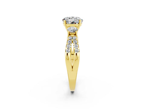 Yellow gold Round Cut Moissanite Three-Stone Ring with Pavé Split Shank and Four-Prong Setting_2