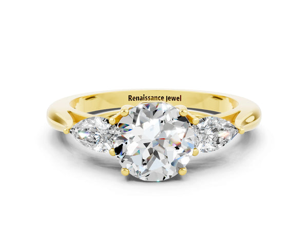 Yellow gold Round Cut Moissanite Three-Stone Ring with Pear  Side Stones and Prong Setting