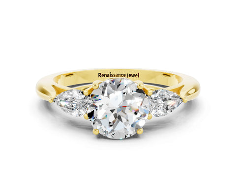 Yellow gold Round Cut Moissanite Three-Stone Ring with Pear Side Stones and Four-Prong Setting_12