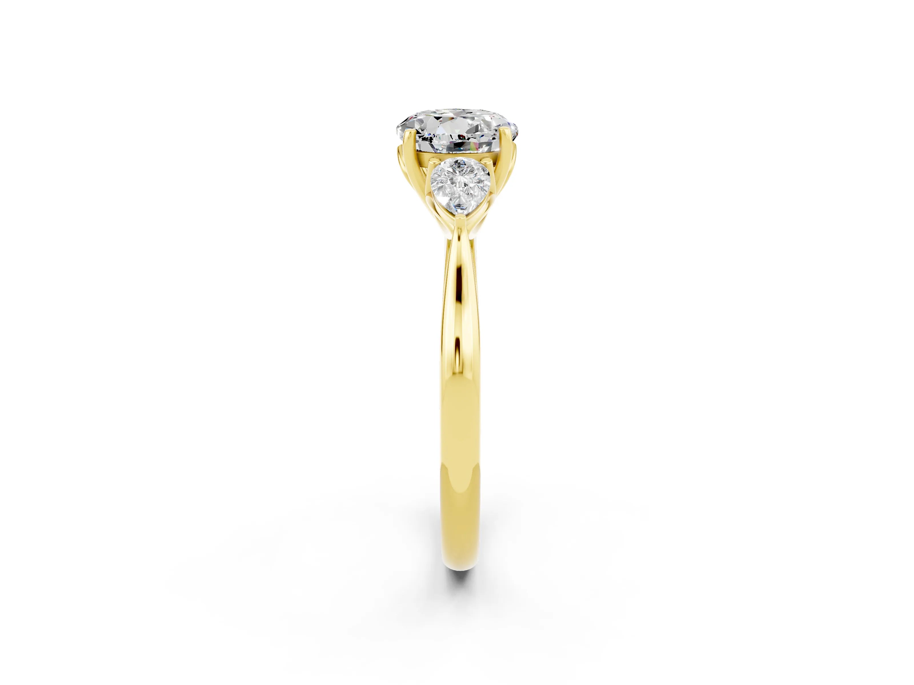 Yellow gold Round Cut Moissanite Three-Stone Ring with Pear Side Stones and Four-Prong Setting_14