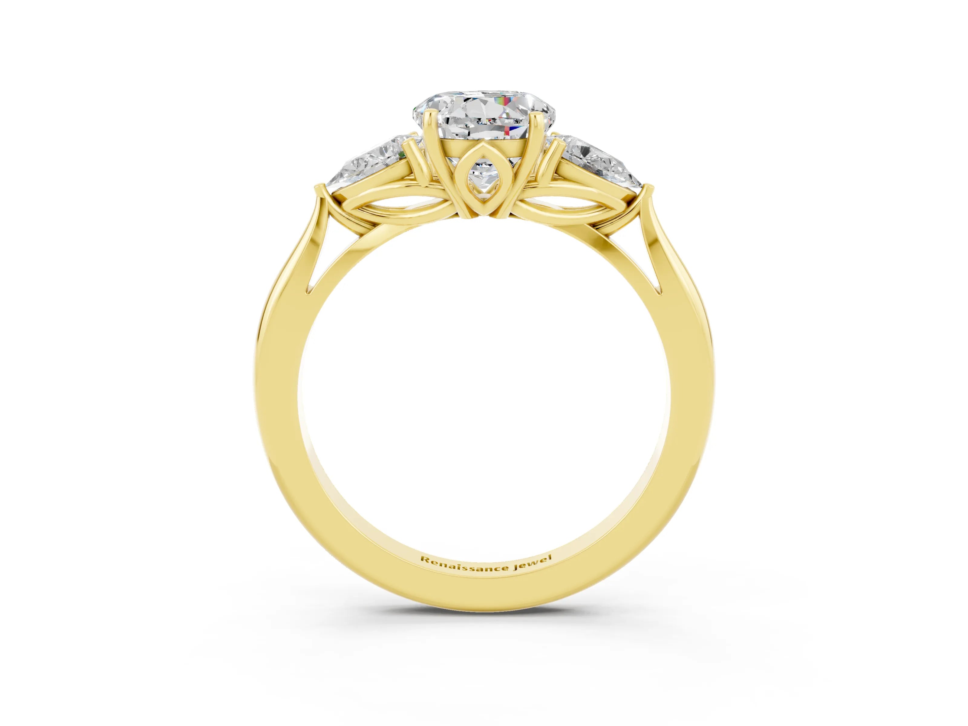 Yellow gold Round Cut Moissanite Three-Stone Ring with Pear Side Stones and Four-Prong Setting_15
