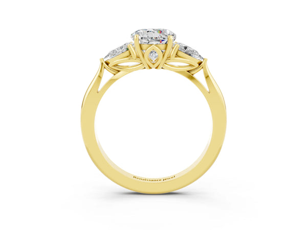 Yellow gold Round Cut Moissanite Three-Stone Ring with Pear  Side Stones and Prong Setting