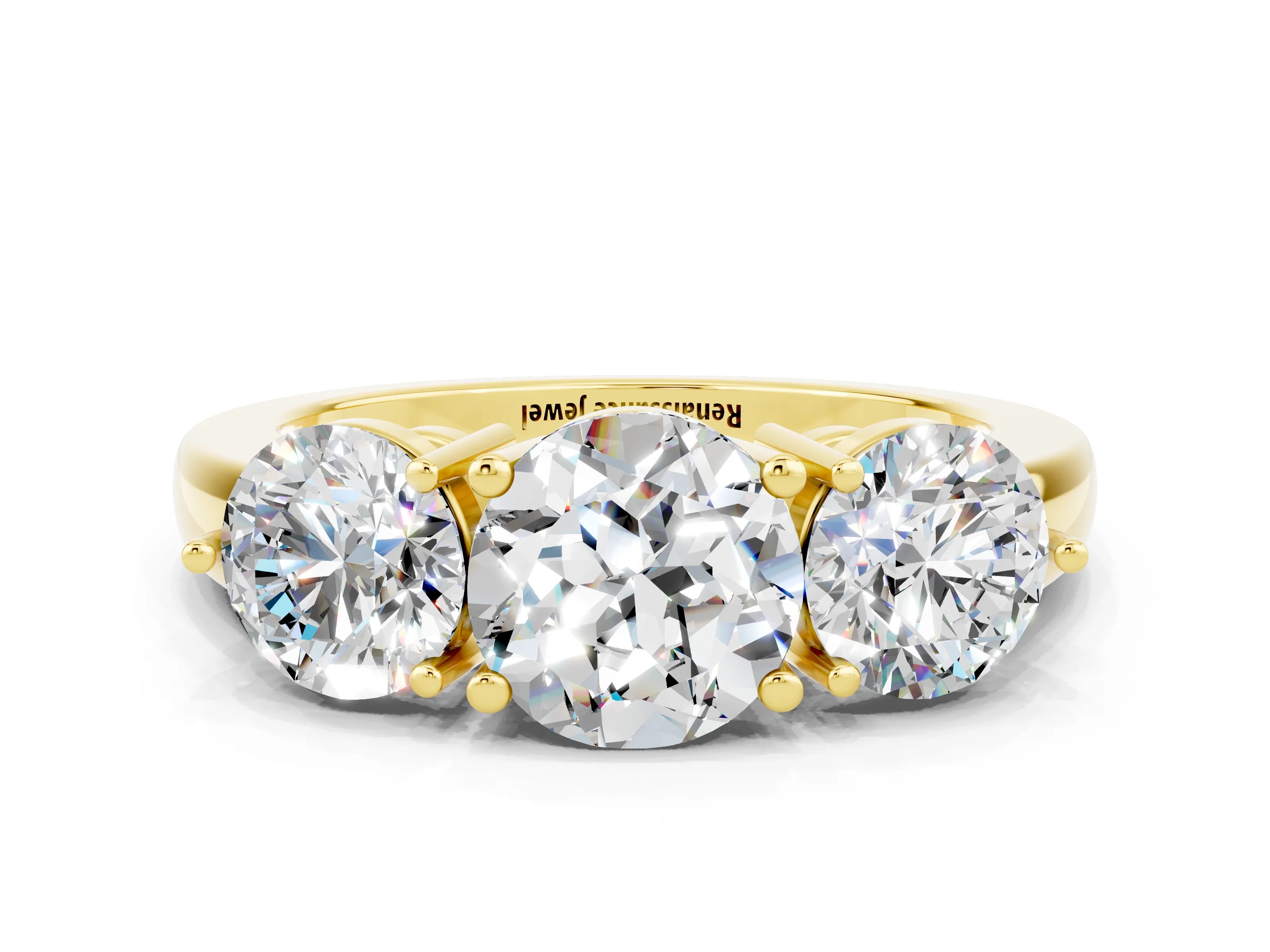 Yellow gold Round Cut Moissanite Three-Stone Ring with Prong Setting and Classic Band