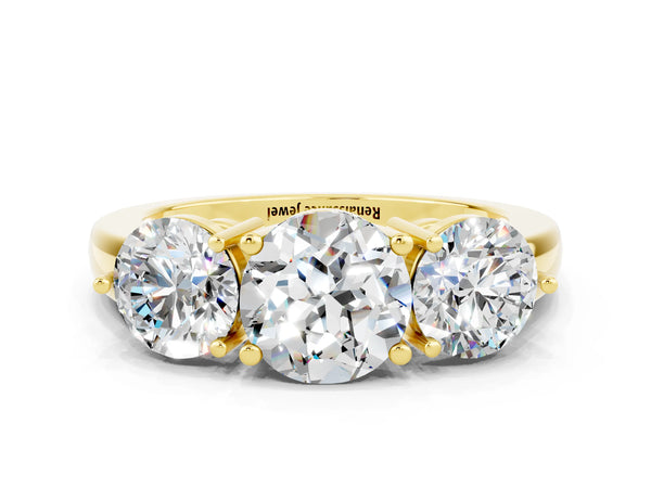 Yellow gold Round Cut Moissanite Three-Stone Ring with Prong Setting and Classic Band