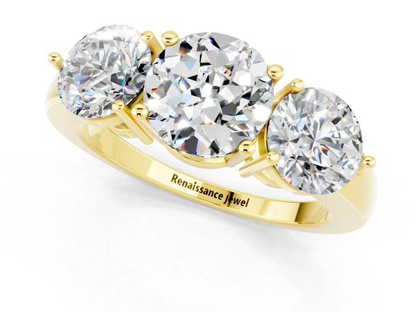 Yellow gold Round Cut Moissanite Three-Stone Ring with Prong Setting and Classic Band