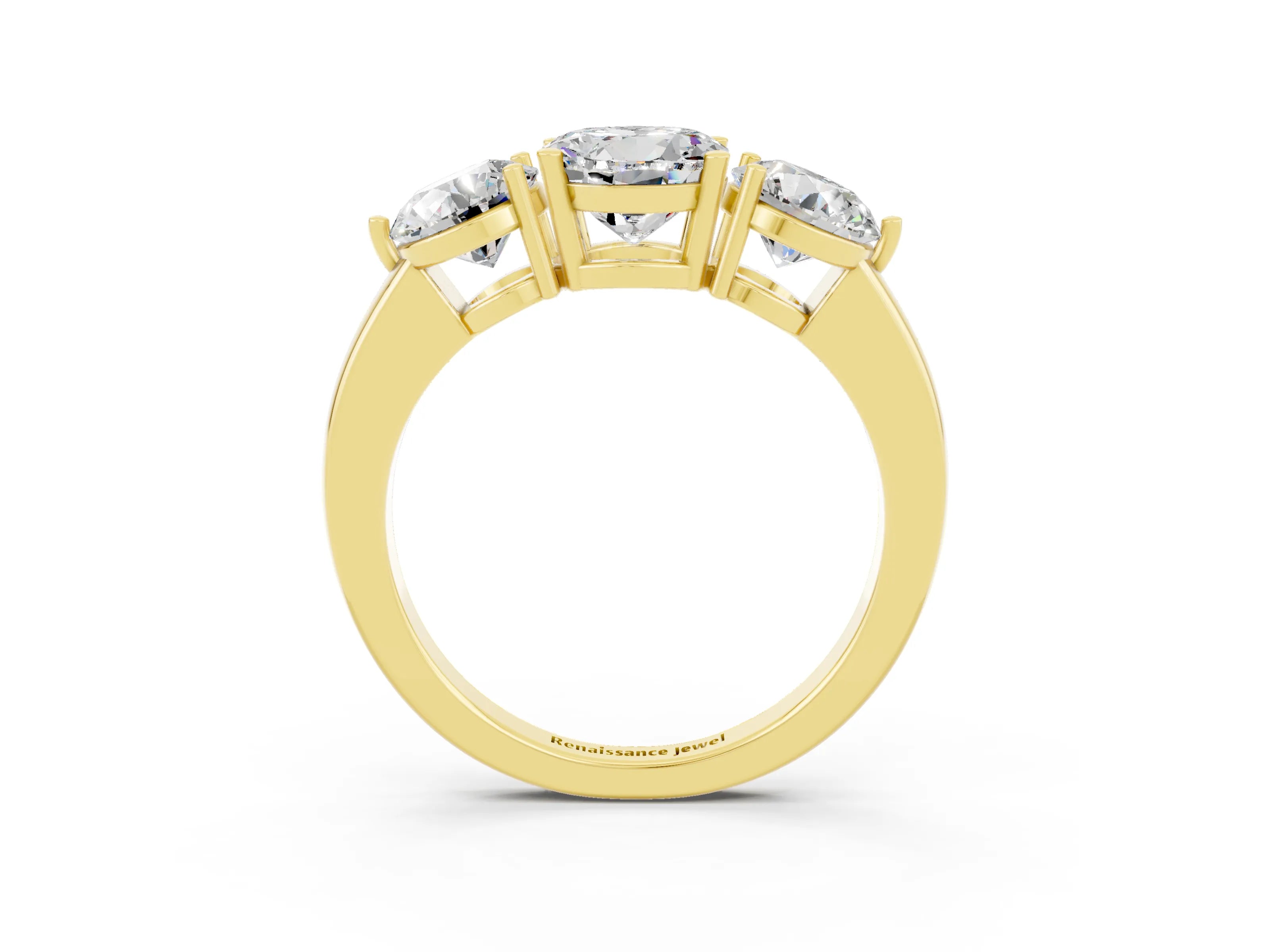 Yellow gold Round Cut Moissanite Three-Stone Ring with Prong Setting and Classic Band_3