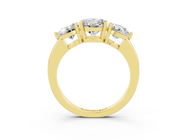 Yellow gold Round Cut Moissanite Three-Stone Ring with Prong Setting and Classic Band