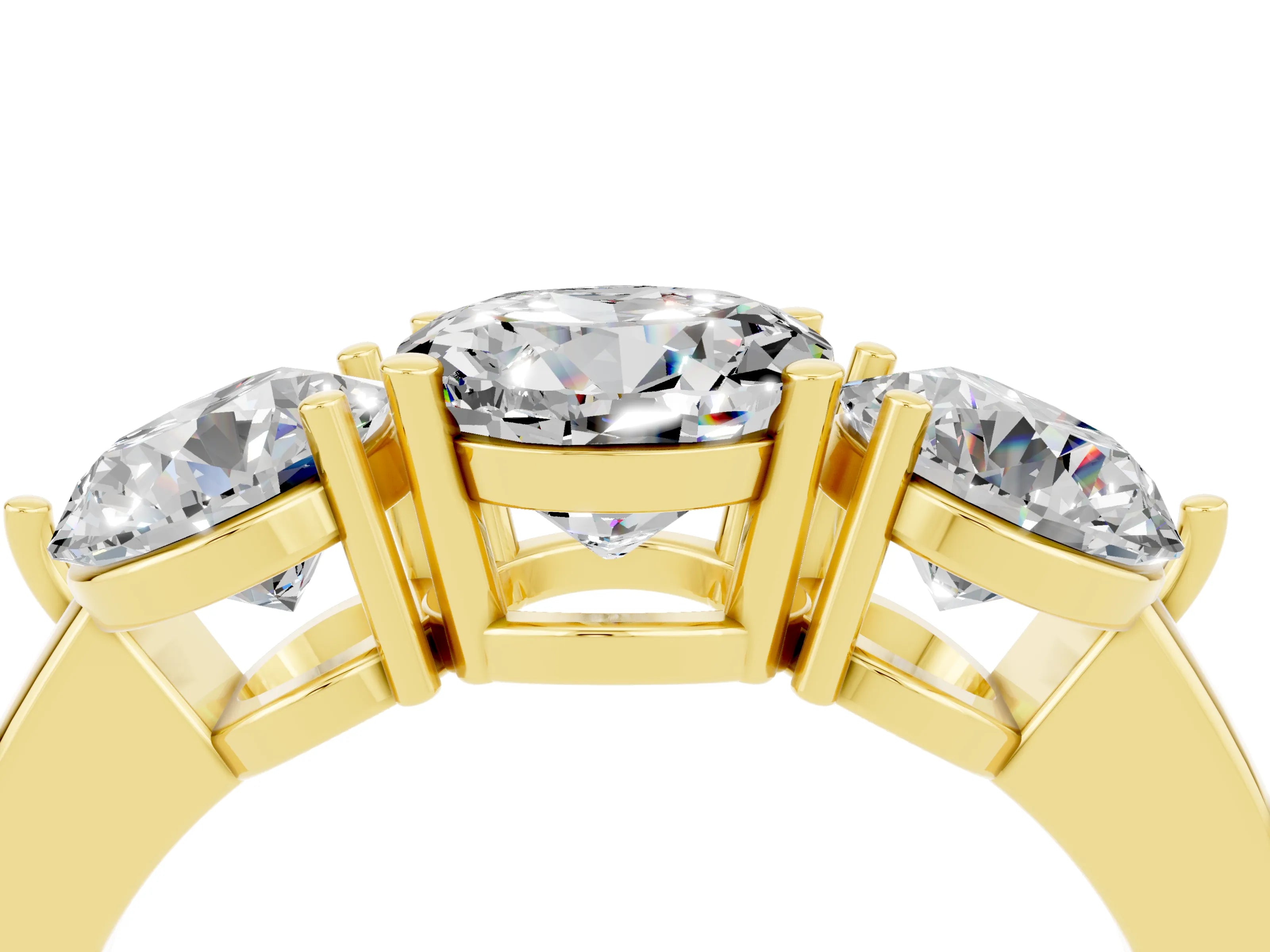 Yellow gold Round Cut Moissanite Three-Stone Ring with Prong Setting and Classic Band_4