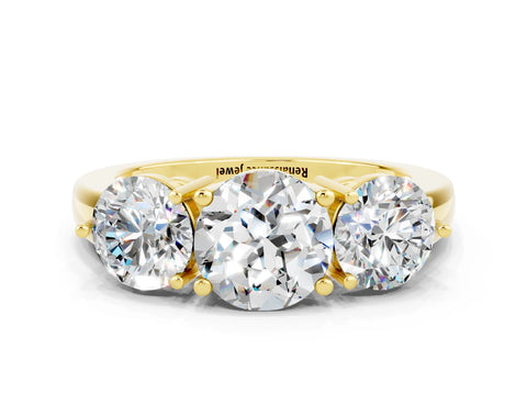 Yellow gold Round Cut Moissanite Three-Stone Ring with Prong Setting and Classic Band