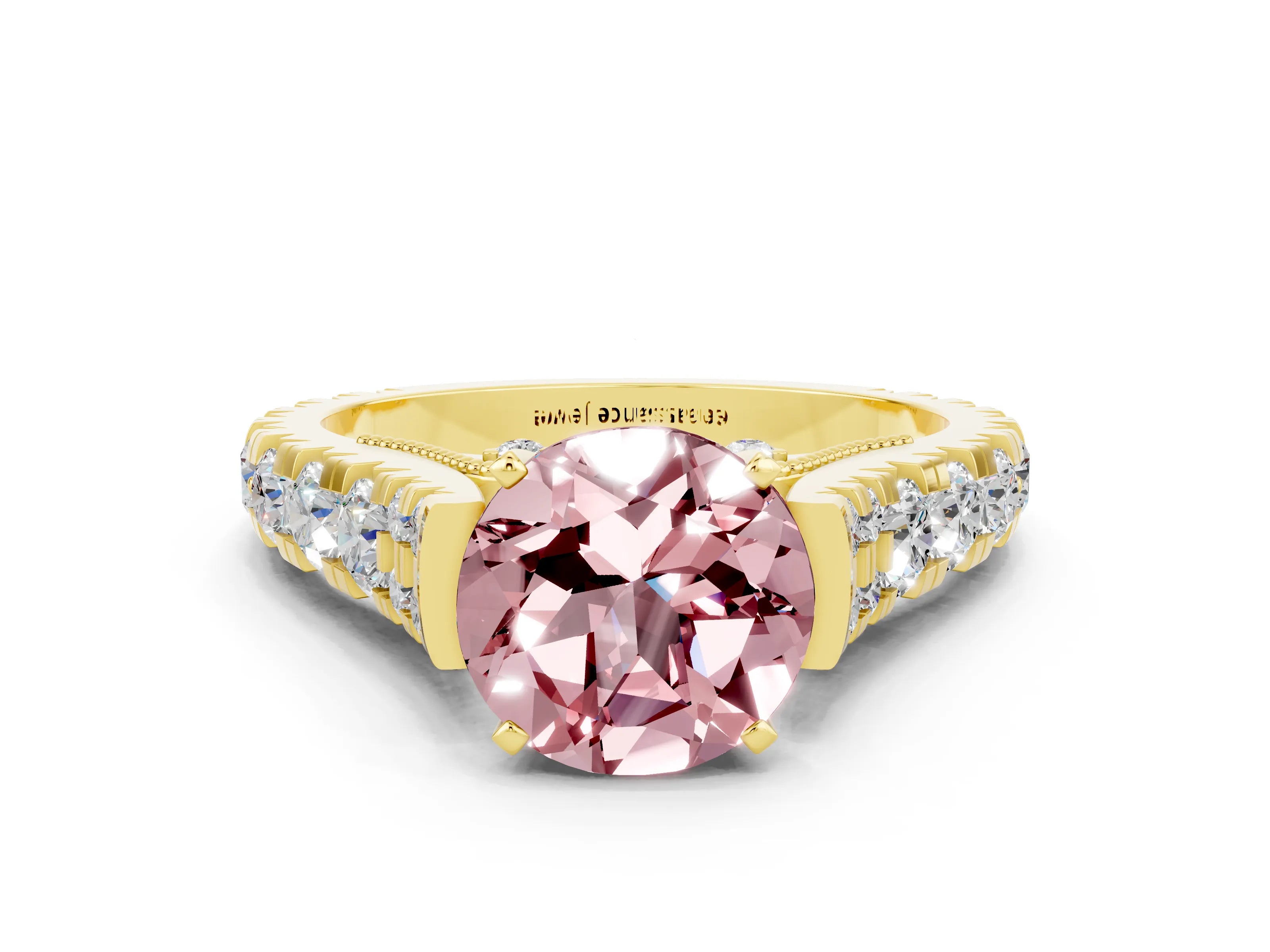 Yellow gold Round Cut Morganite Classic Solitaire Ring with Pavé Band and Four-Prong Setting