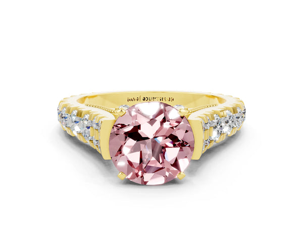Yellow gold Round Cut Morganite Classic Solitaire Ring with Pavé Band and Four-Prong Setting