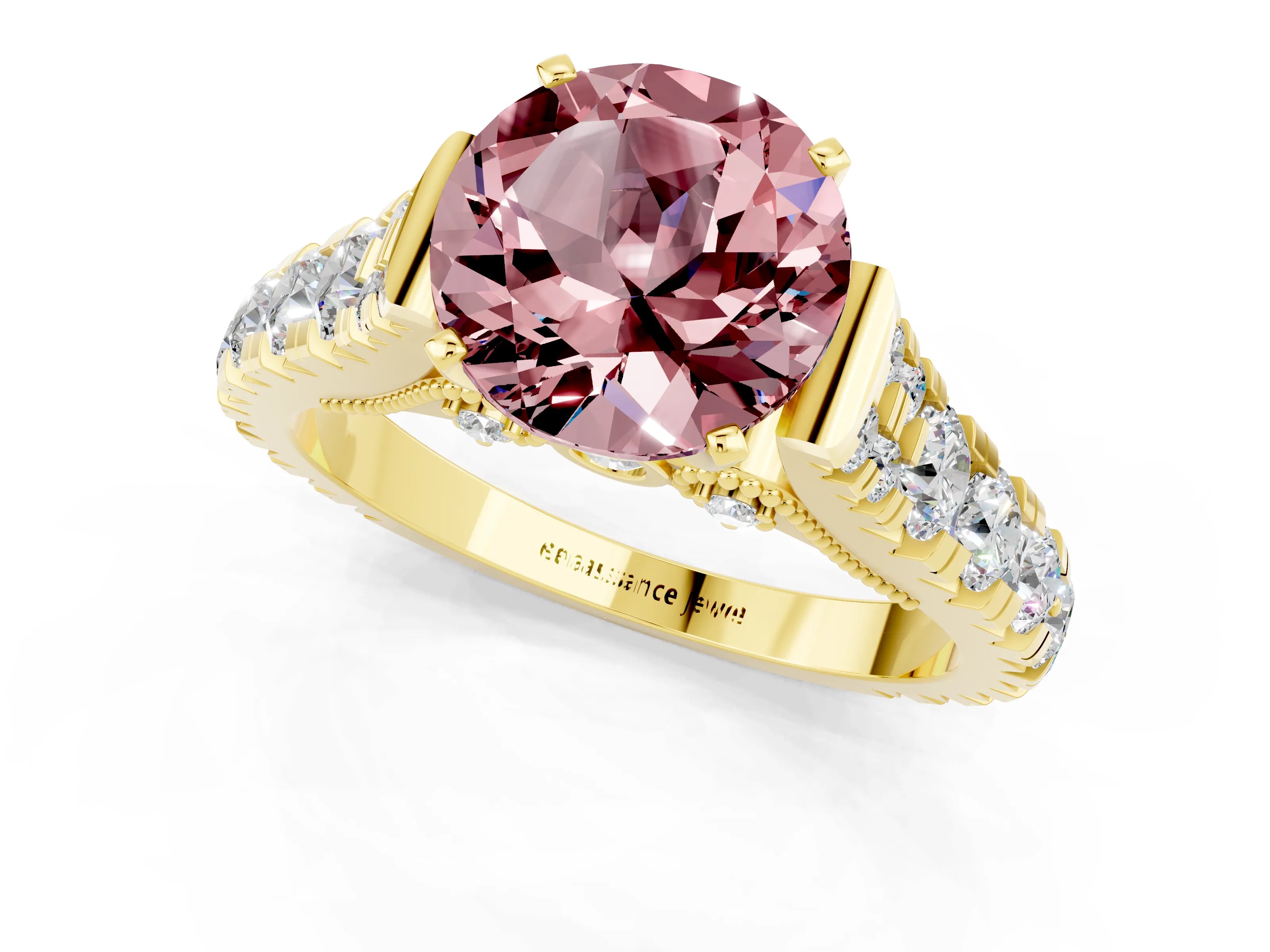 Yellow gold Round Cut Morganite Classic Solitaire Ring with Pavé Band and Four-Prong Setting_1