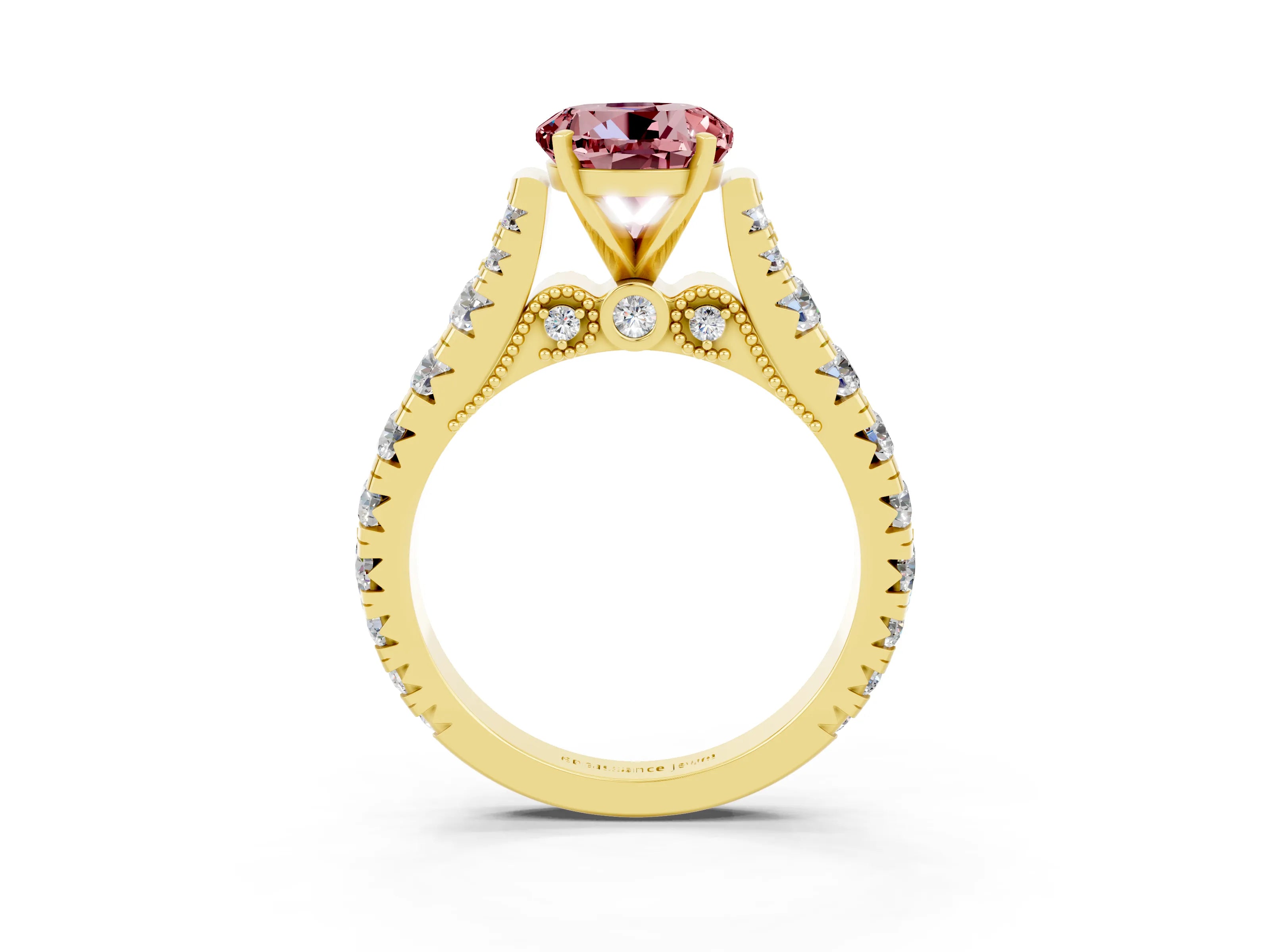 Yellow gold Round Cut Morganite Classic Solitaire Ring with Pavé Band and Four-Prong Setting_3