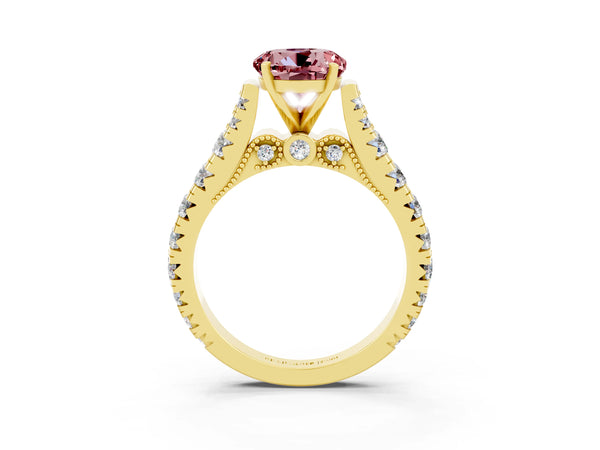 Yellow gold Round Cut Morganite Classic Solitaire Ring with Pavé Band and Four-Prong Setting