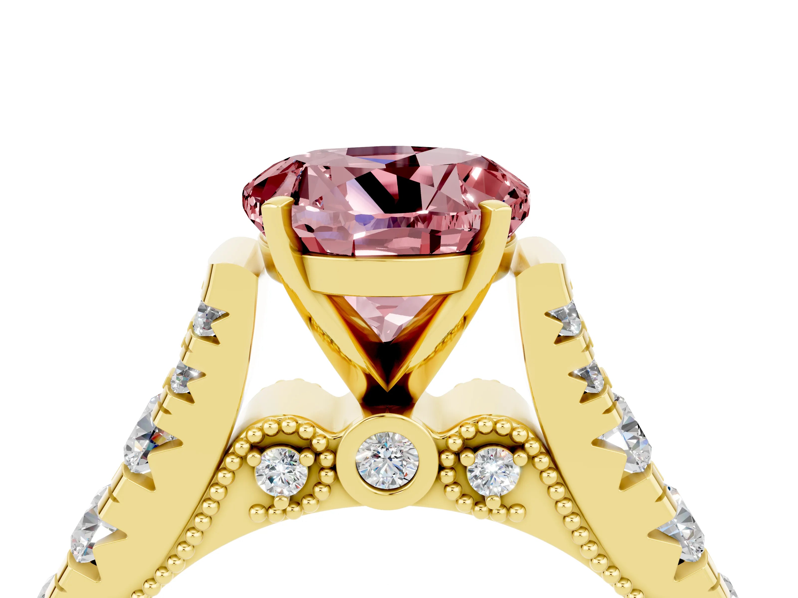 Yellow gold Round Cut Morganite Classic Solitaire Ring with Pavé Band and Four-Prong Setting_4