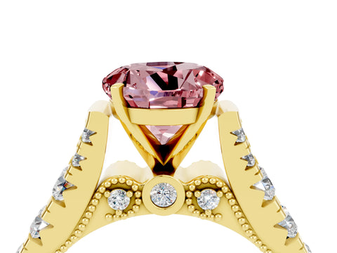 Yellow gold Round Cut Morganite Classic Solitaire Ring with Pavé Band and Four-Prong Setting_4