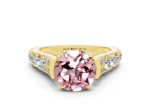 Yellow gold Round Cut Morganite Classic Solitaire Ring with Pavé Band and Four-Prong Setting