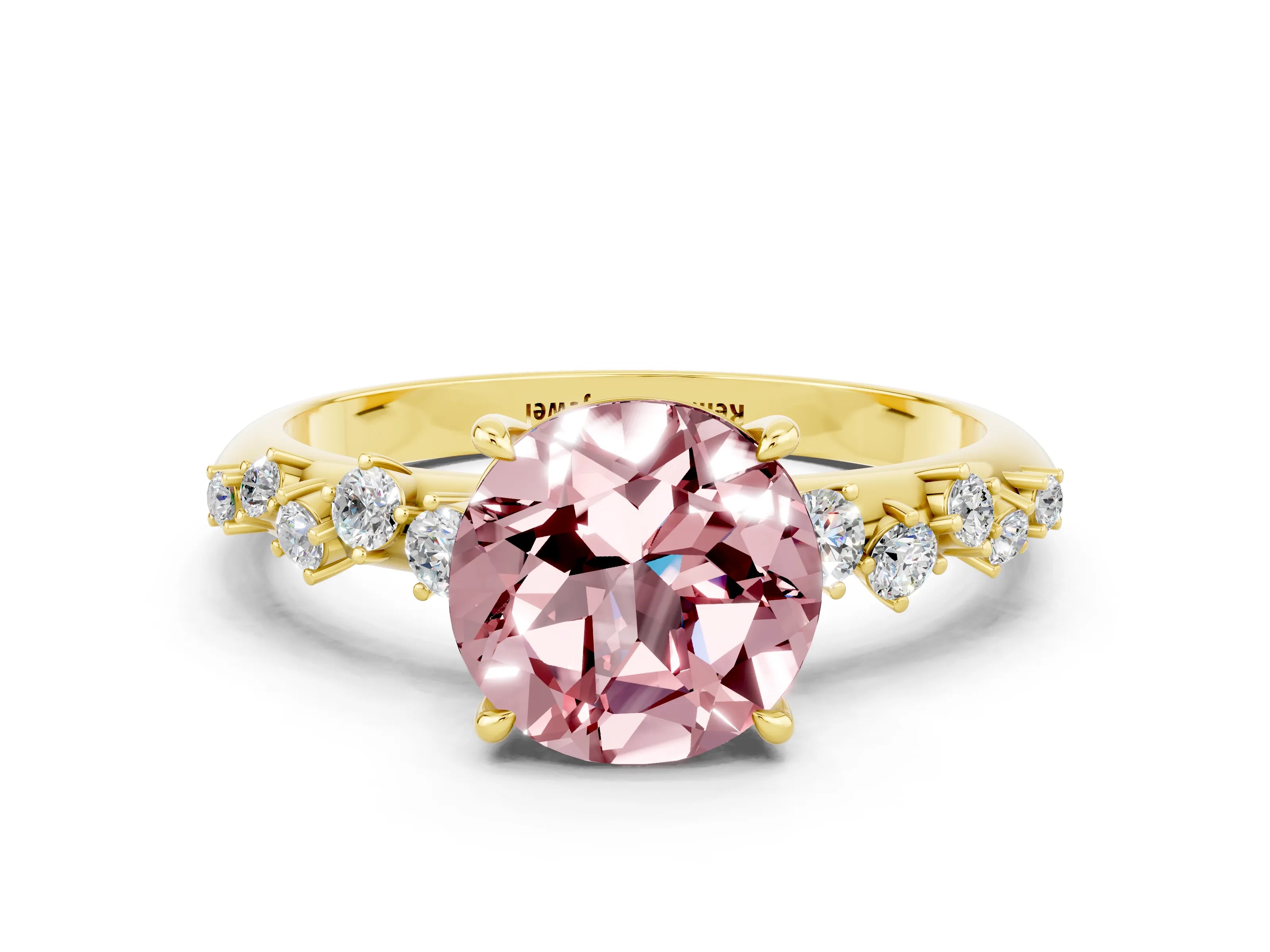 Yellow gold Round Cut Morganite Cluster Side Stone Solitaire Ring with Prong Setting_24