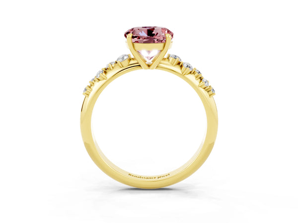Yellow gold Round Cut Morganite Cluster Side Stone Solitaire Ring with Prong Setting