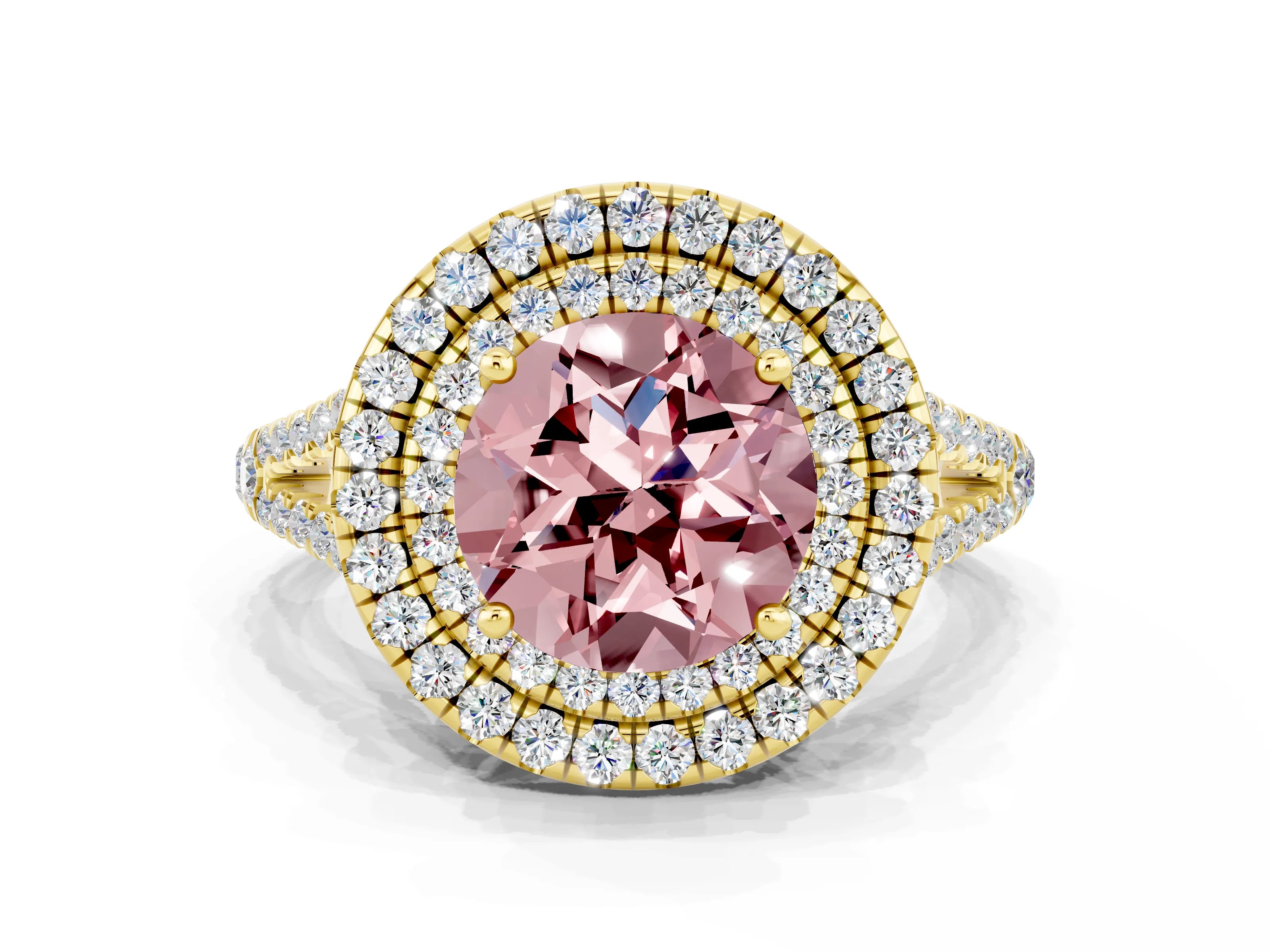 Yellow gold Round Cut Morganite Double Halo Ring with Pavé Band and Prong Setting_12