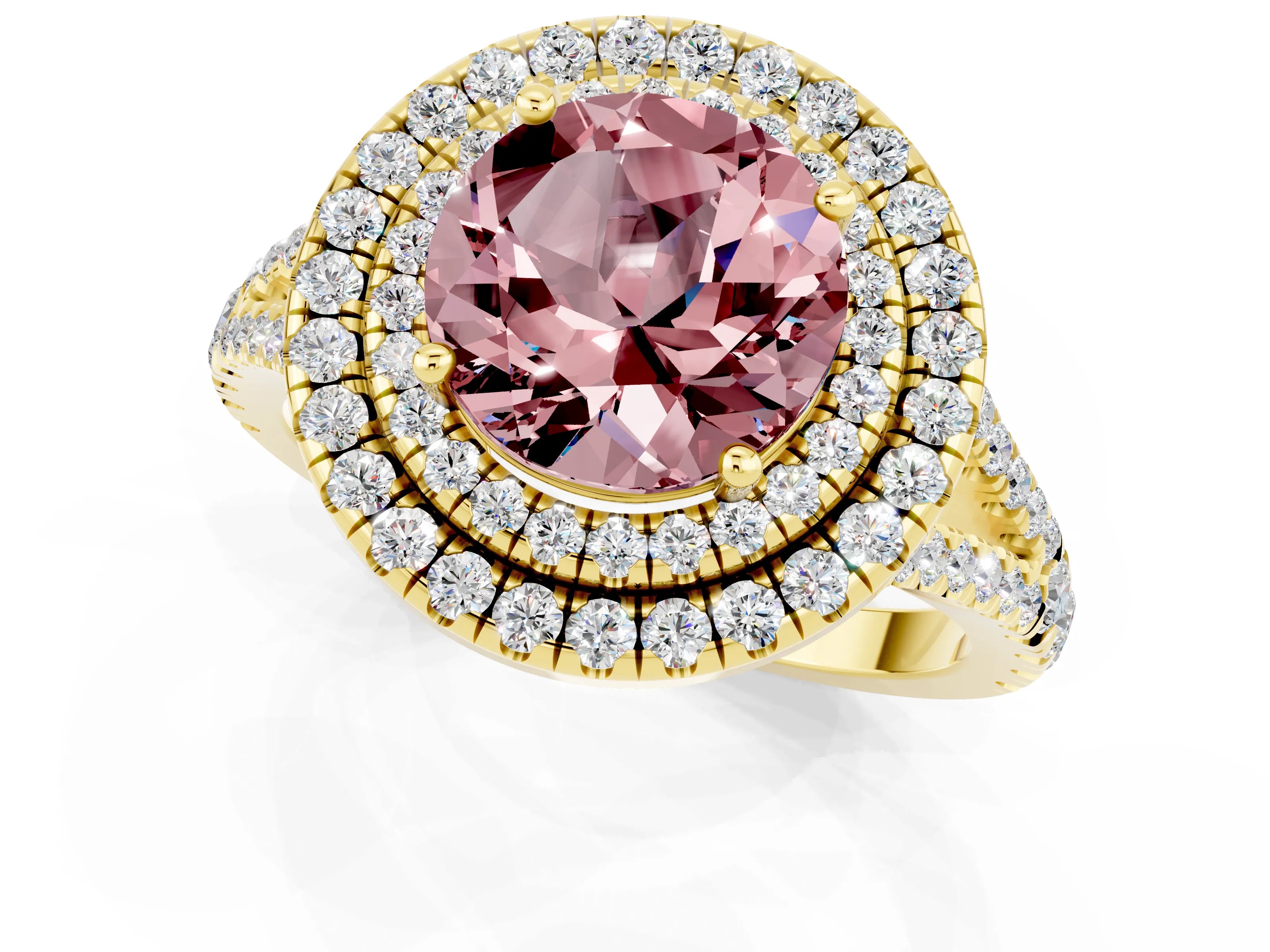 Yellow gold Round Cut Morganite Double Halo Ring with Pavé Band and Prong Setting_13