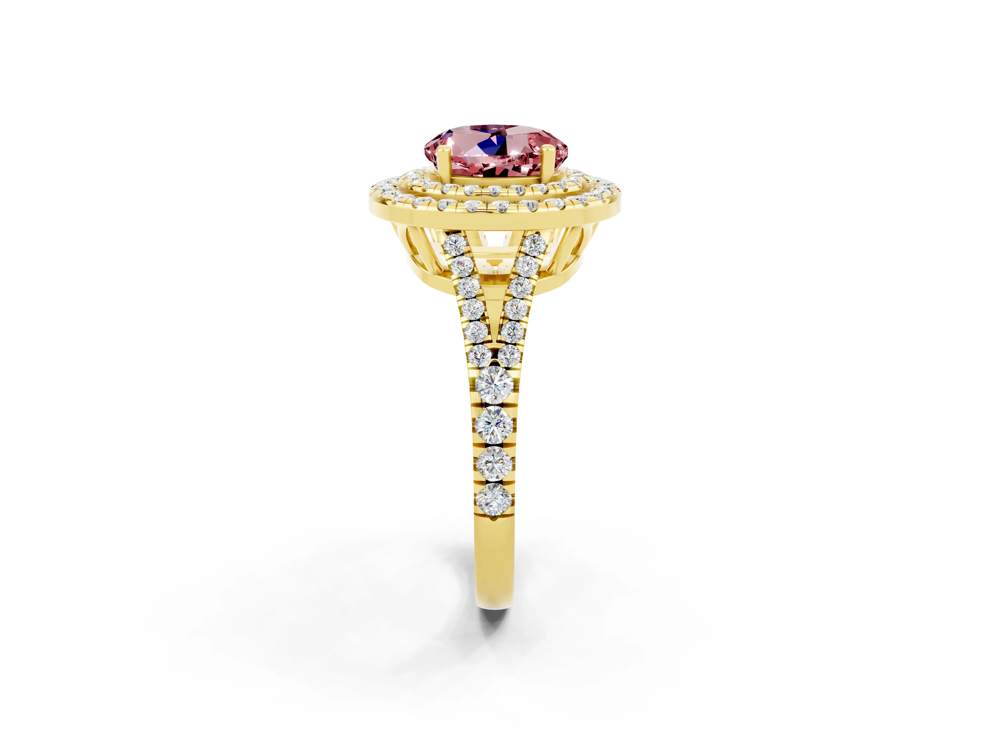 Yellow gold Round Cut Morganite Double Halo Ring with Pavé Band and Prong Setting_14